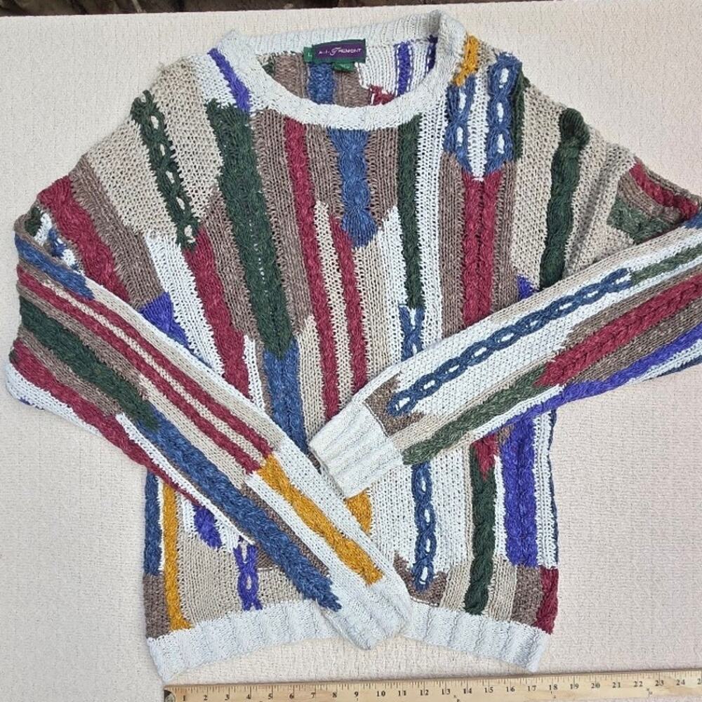 multicolor textured distressed stripe grandpa sweater size L ♡